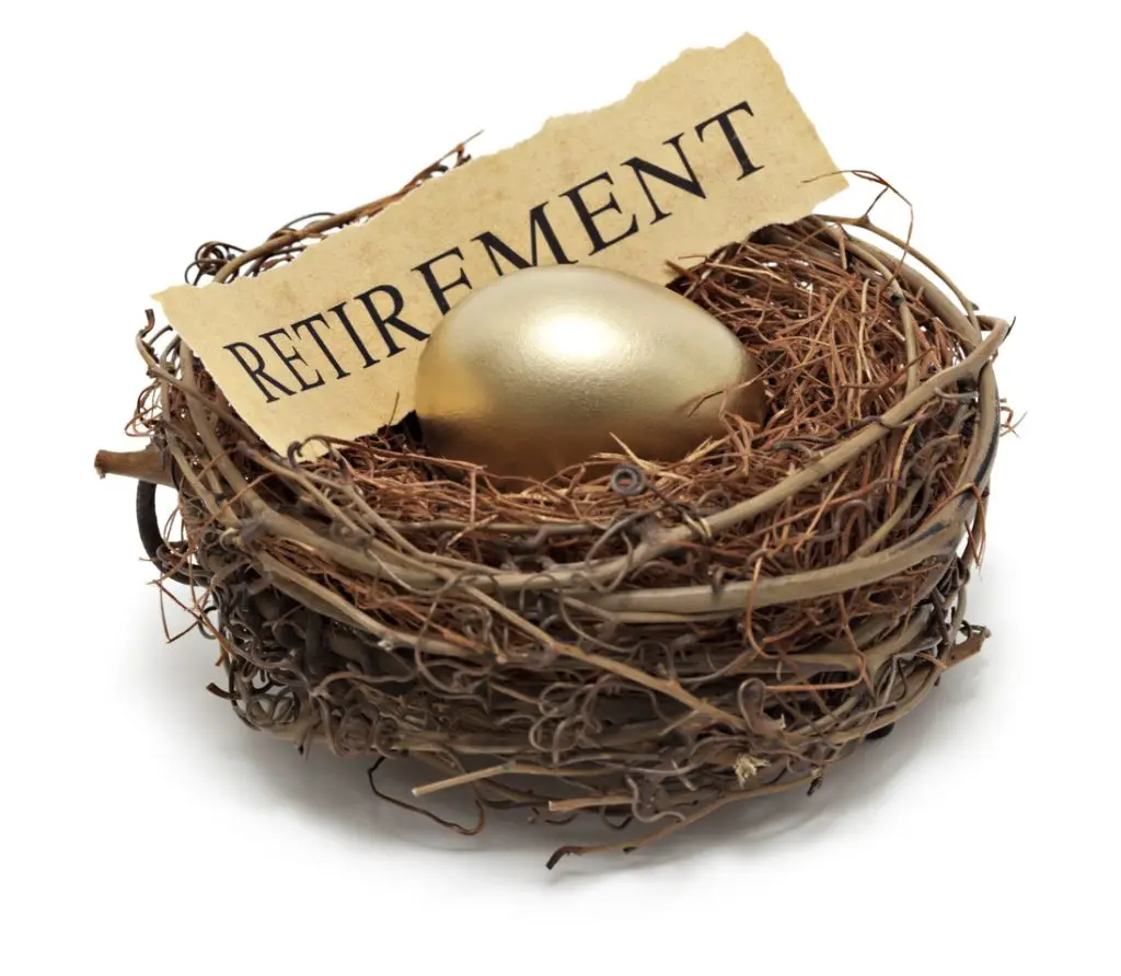 Golden nest egg labeled retirement, symbolizing retirement account planning.