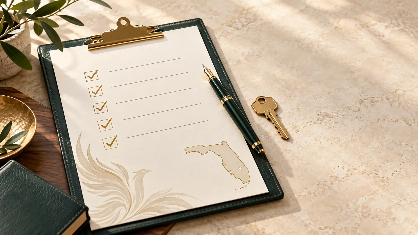 Florida estate planning checklist with gold checkmarks, a pen, house key, and outline of Florida